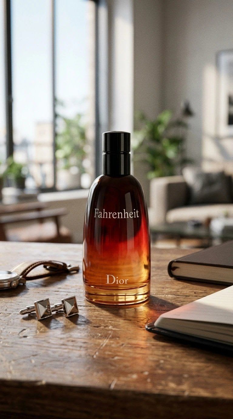 Foto de producto lifestyle generada con IA: perfume en un living luminoso, con gemelos, reloj y libreta