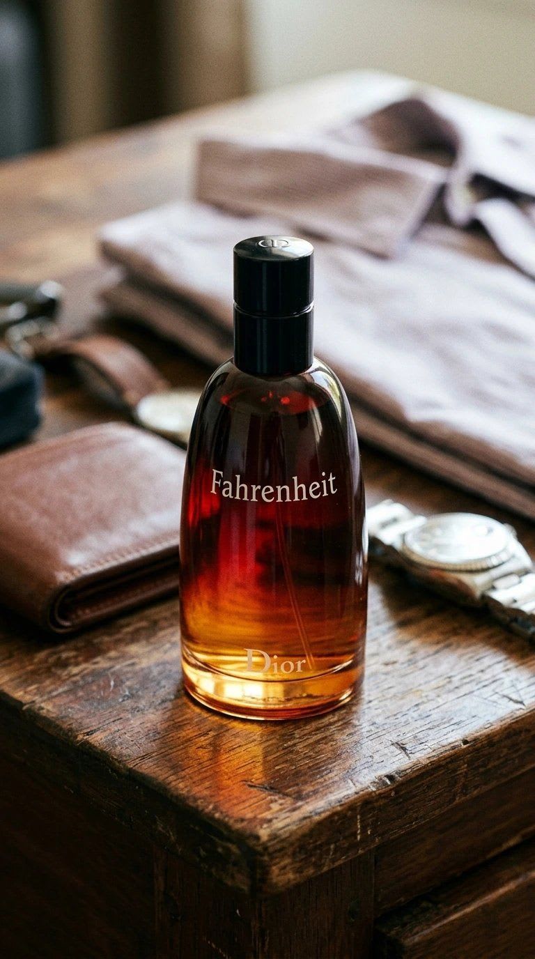 Foto de producto lifestyle generada con IA: perfume sobre una cómoda de madera, con billetera, reloj y camisa doblada