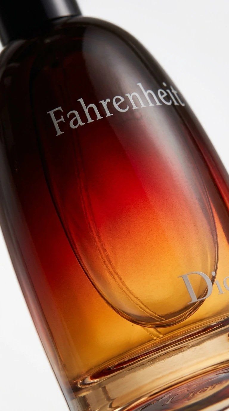 Foto de producto con IA en macro detalle: el frasco inclinado de cerca sobre fondo blanco, con el degradé rojo y ámbar