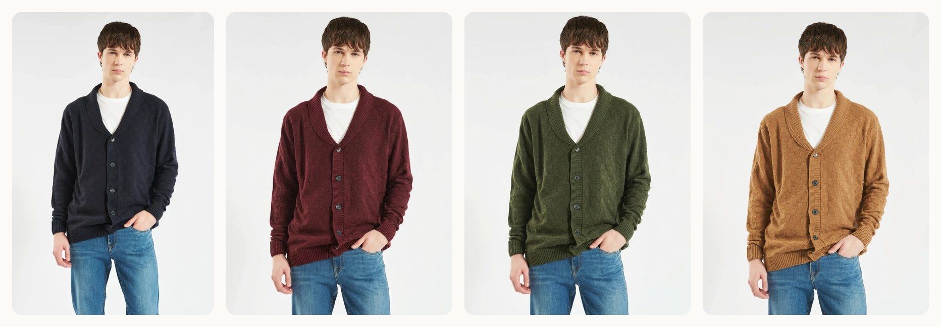 Change the color of a garment with AI: the same cardigan in the original navy, burgundy, moss green and camel, on a studio background