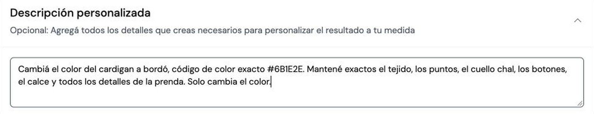 Shoptic custom description with the exact color code #6B1E2E to change the color of a cardigan to burgundy