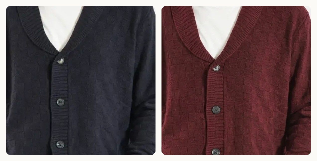 Close-up of the checked knit of the original navy cardigan and of the burgundy version generated with AI