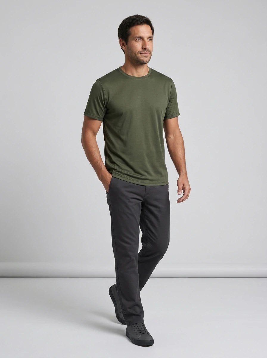The same person in five AI product photos: T-shirt, shorts and sneakers in different styles (T-shirt · Model Shot)