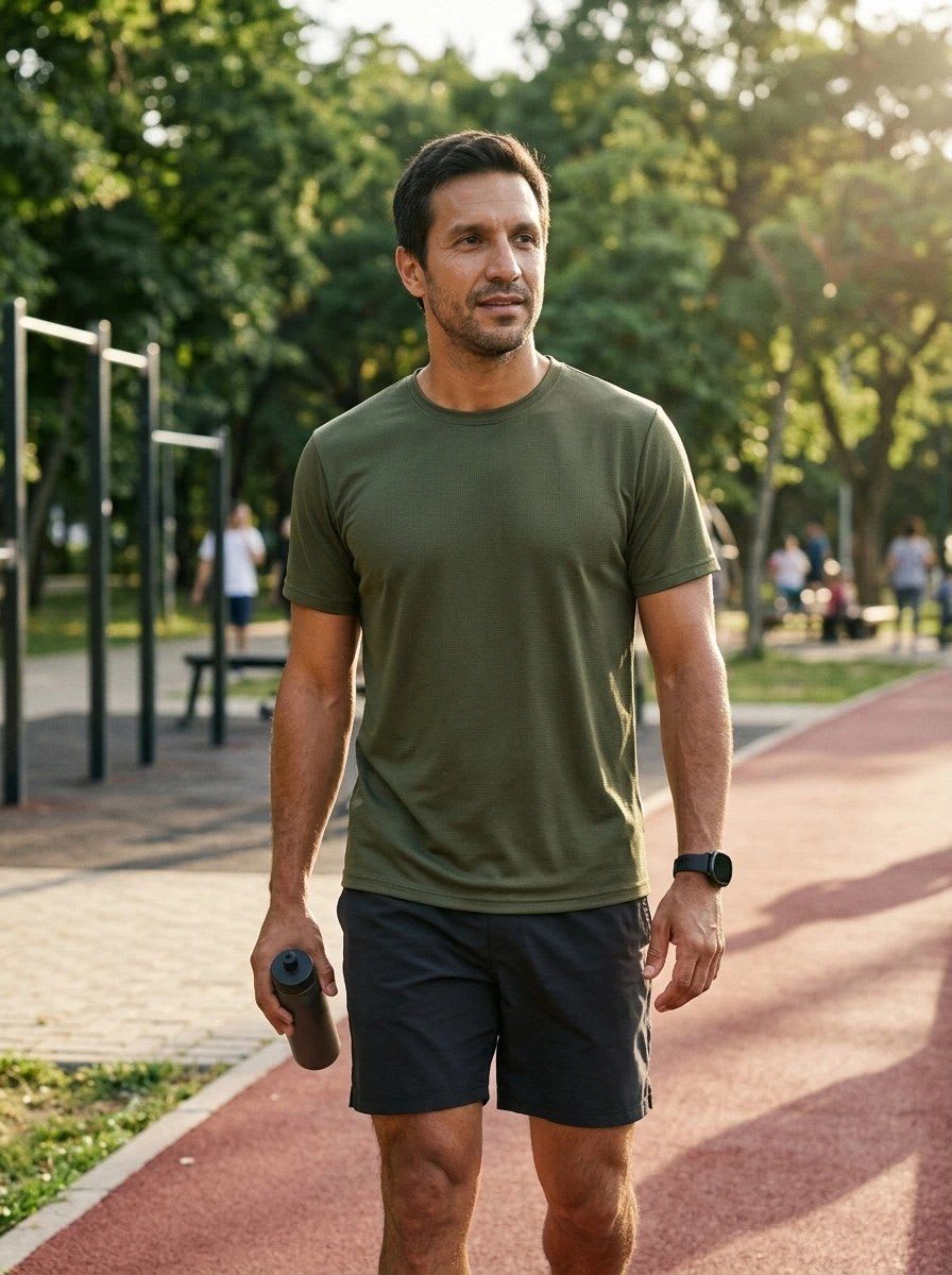 The same person in five AI product photos: T-shirt, shorts and sneakers in different styles (T-shirt · Lifestyle)