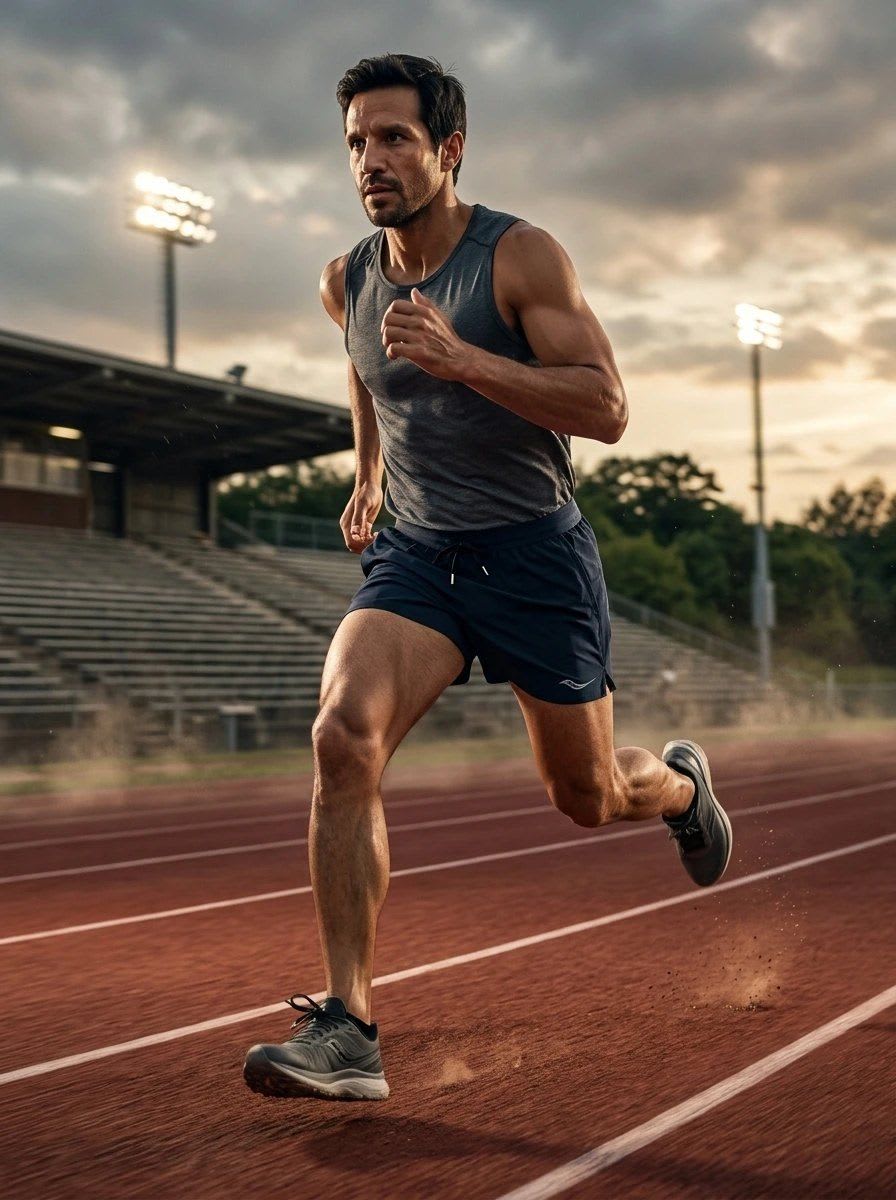 The same person in five AI product photos: T-shirt, shorts and sneakers in different styles (Shorts · Action)