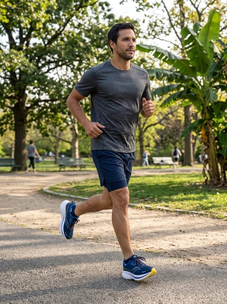 The same person in five AI product photos: T-shirt, shorts and sneakers in different styles (Sneakers · Lifestyle)