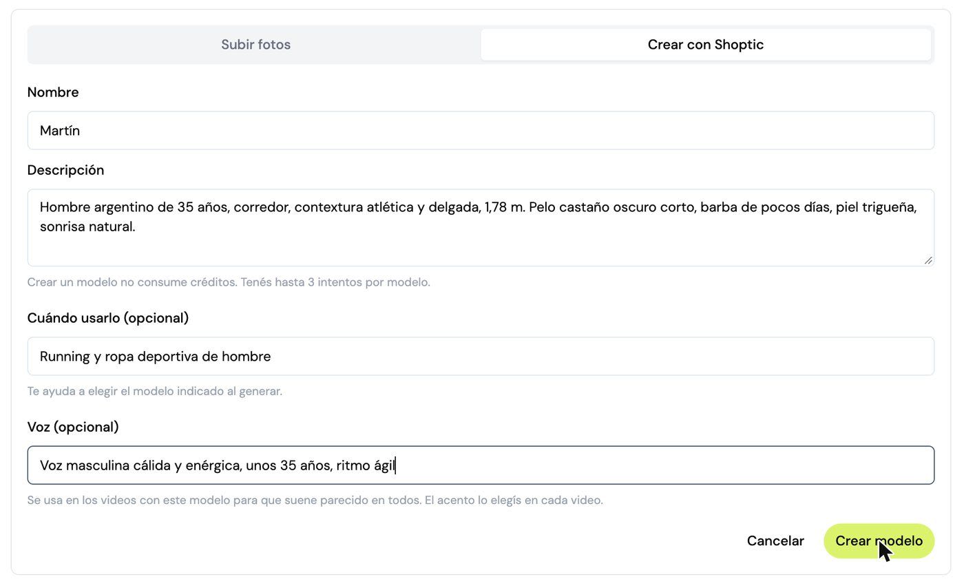 Create with Shoptic option: form to create an AI model by describing it, in the Brand Kit