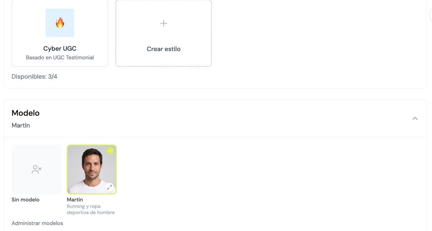 Model selector in the Videos tab to generate an AI product video with the same person