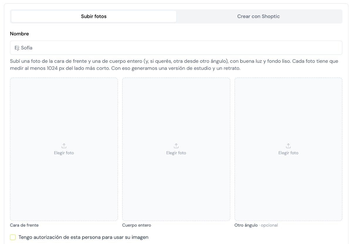 Upload photos option: front face, full body and an optional extra angle, with the permission checkbox