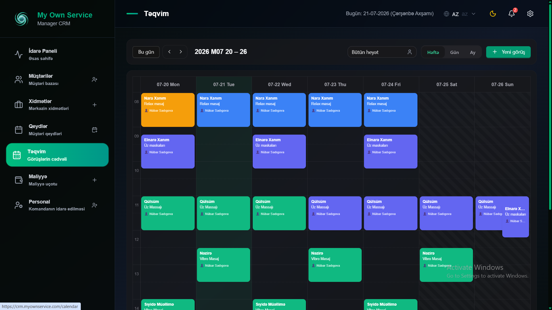 My Own Service CRM-də qeydiyyat təqvimi