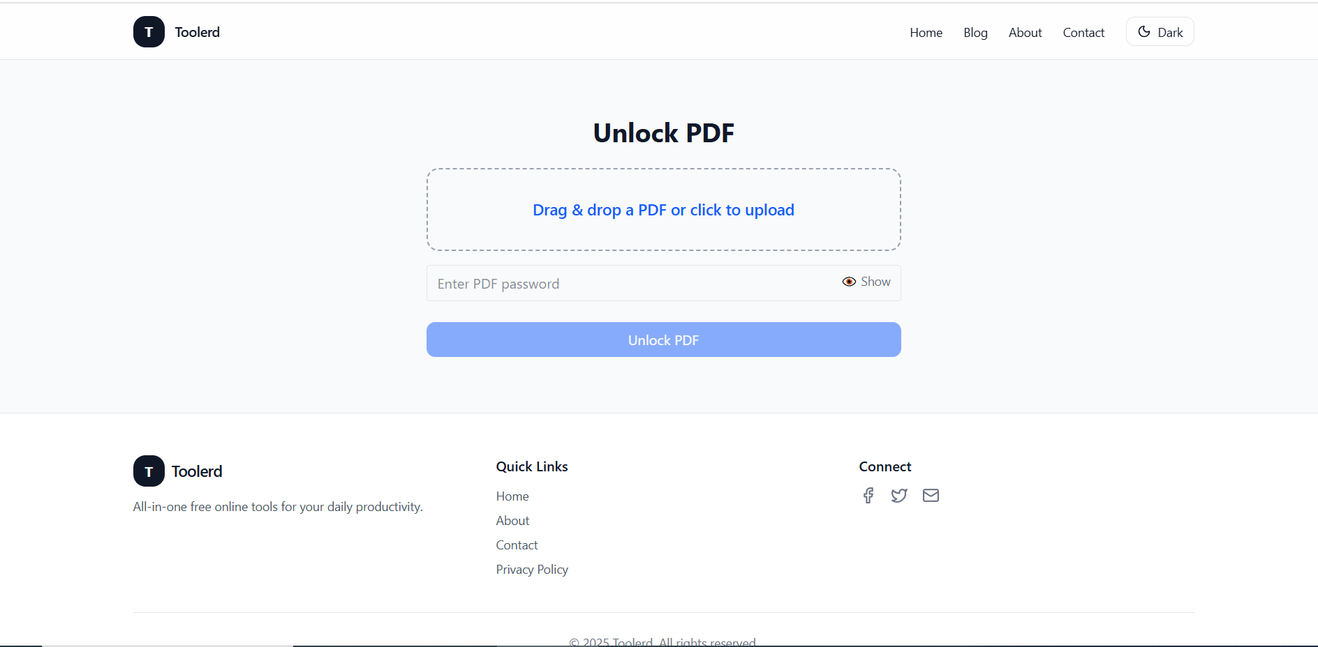 Toolerd PDF Unlocker Main Page Interface