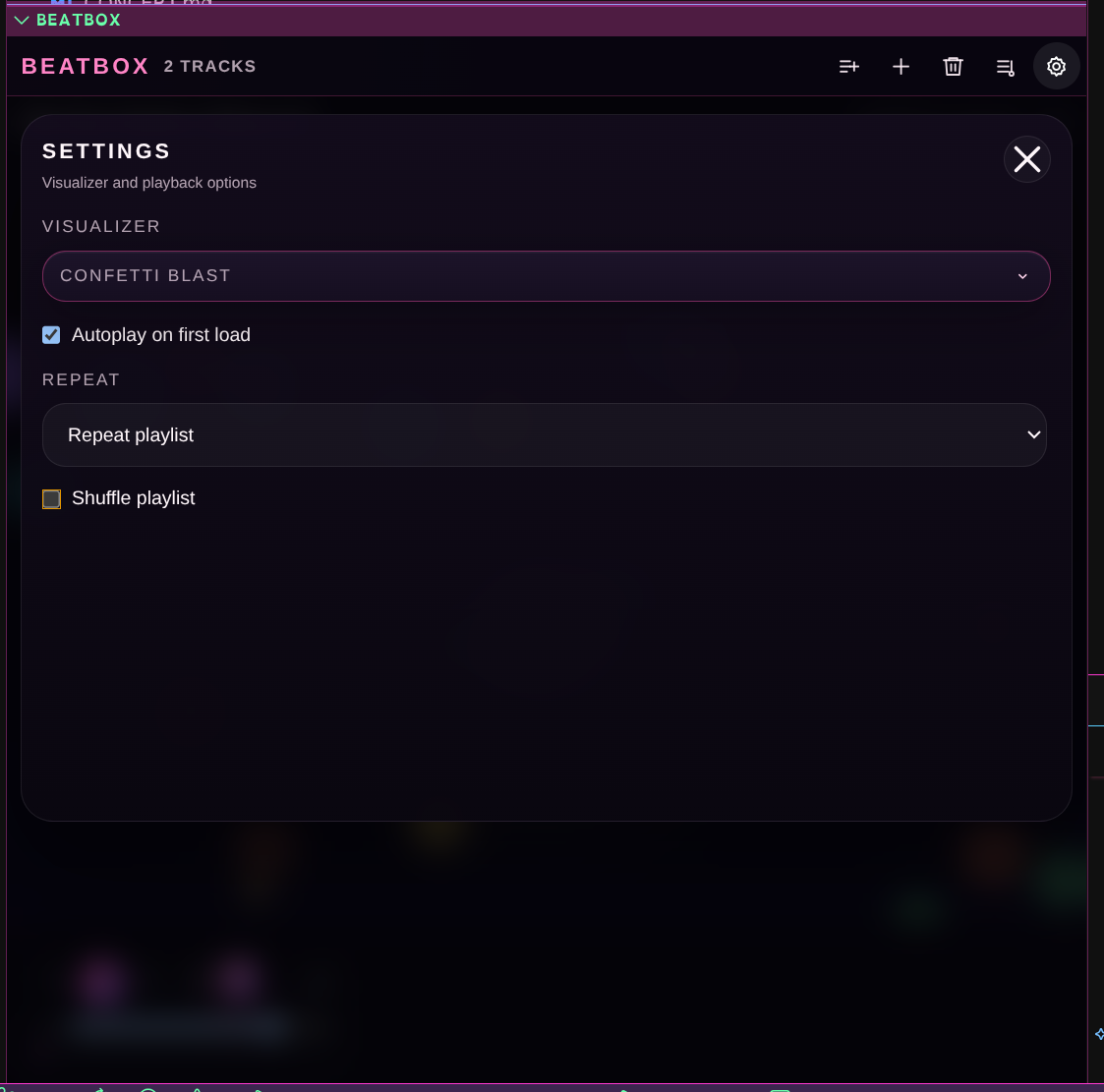 BeatBox settings panel