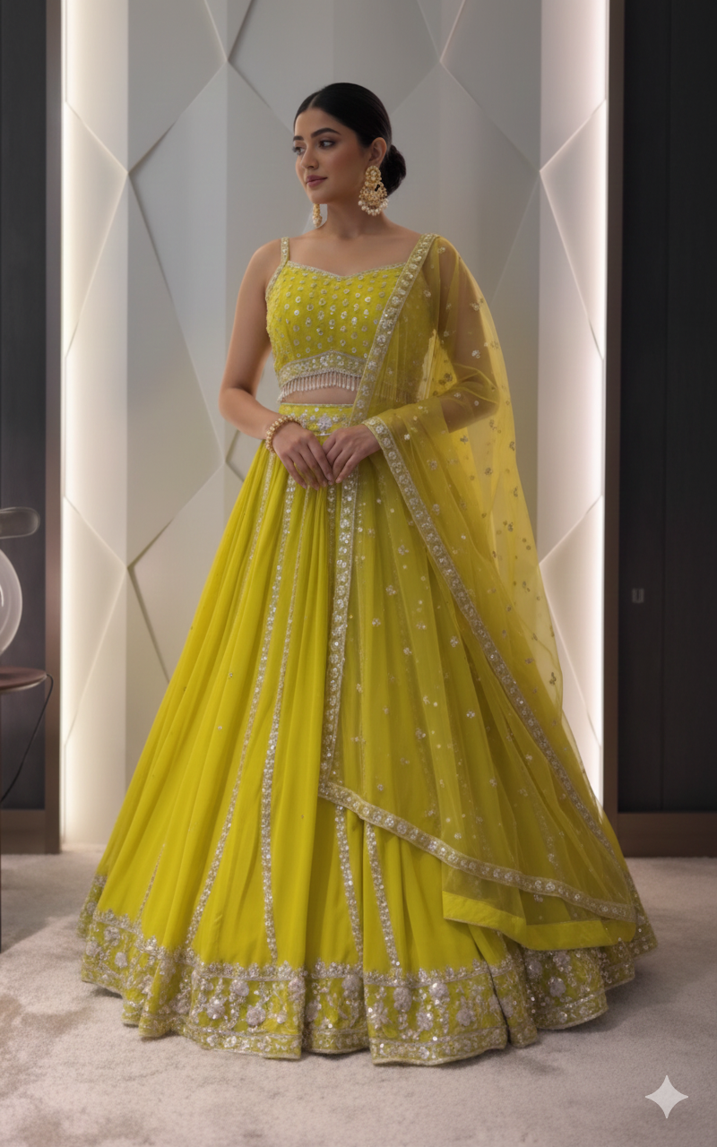 Lime yellow mirror work lehenga