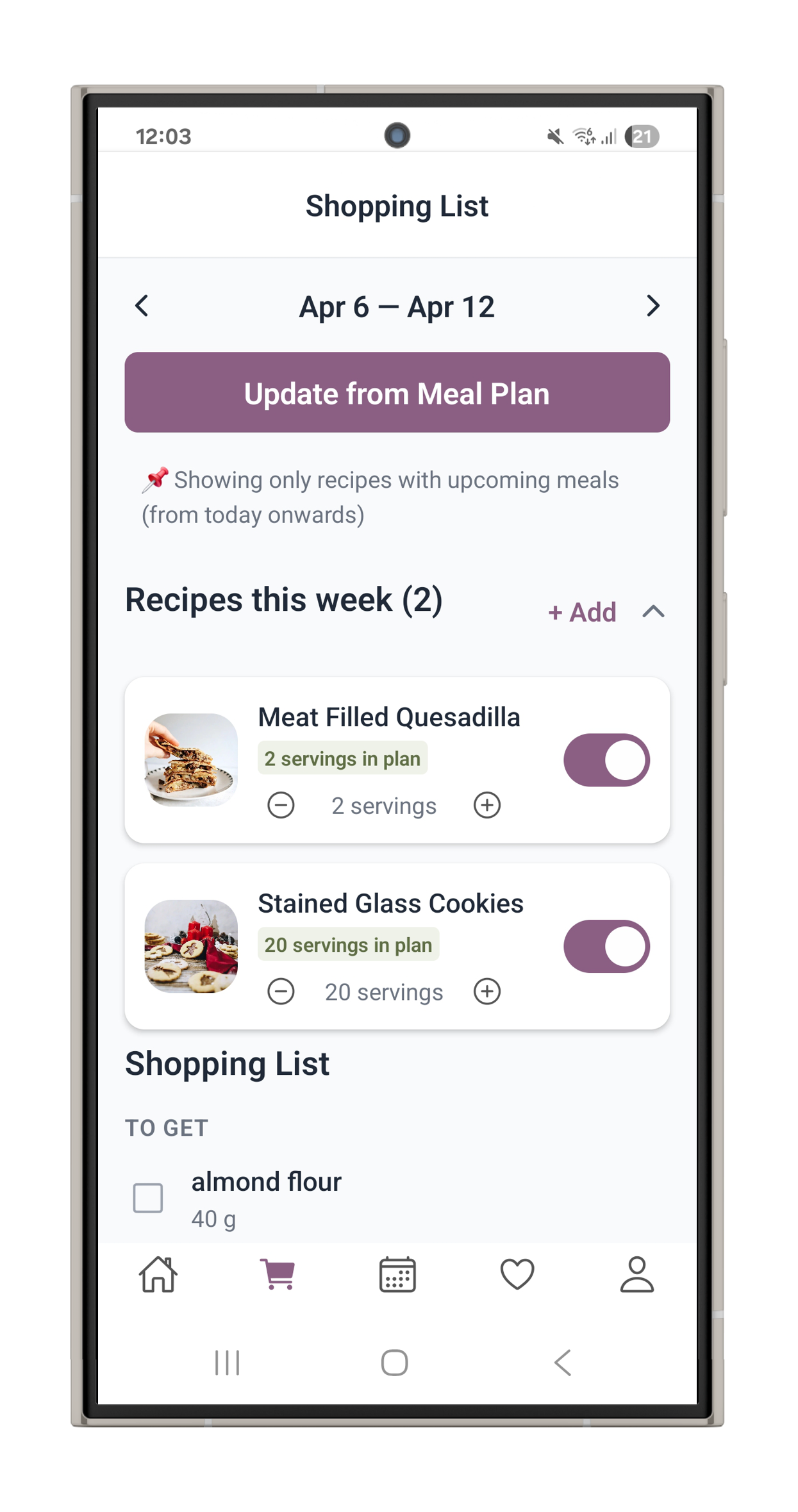 Shopping list screen