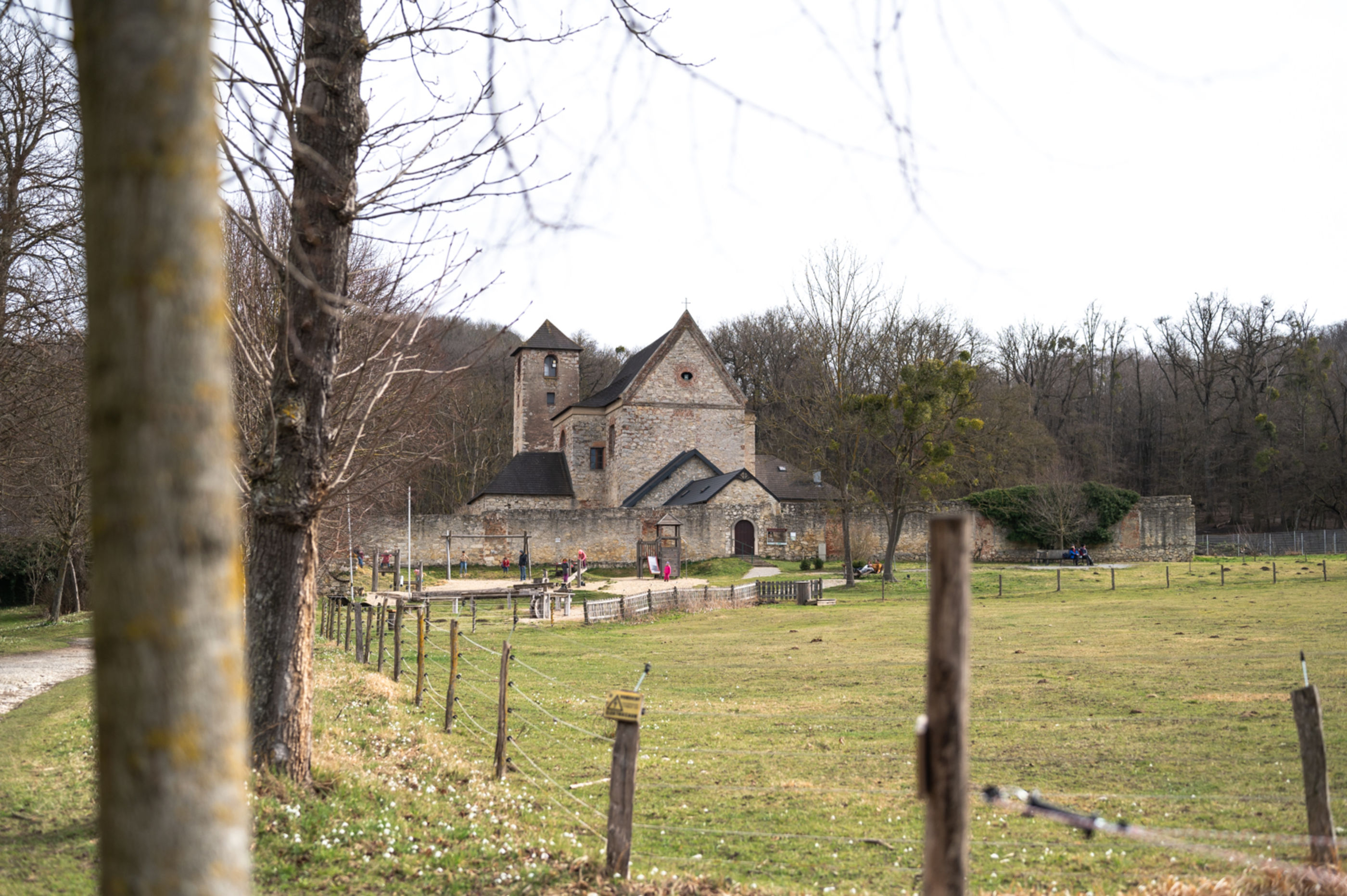 Blick auf das alte Kloster im Naturpark Wüste Mannersdorf, Leithagebirge, im Frühling