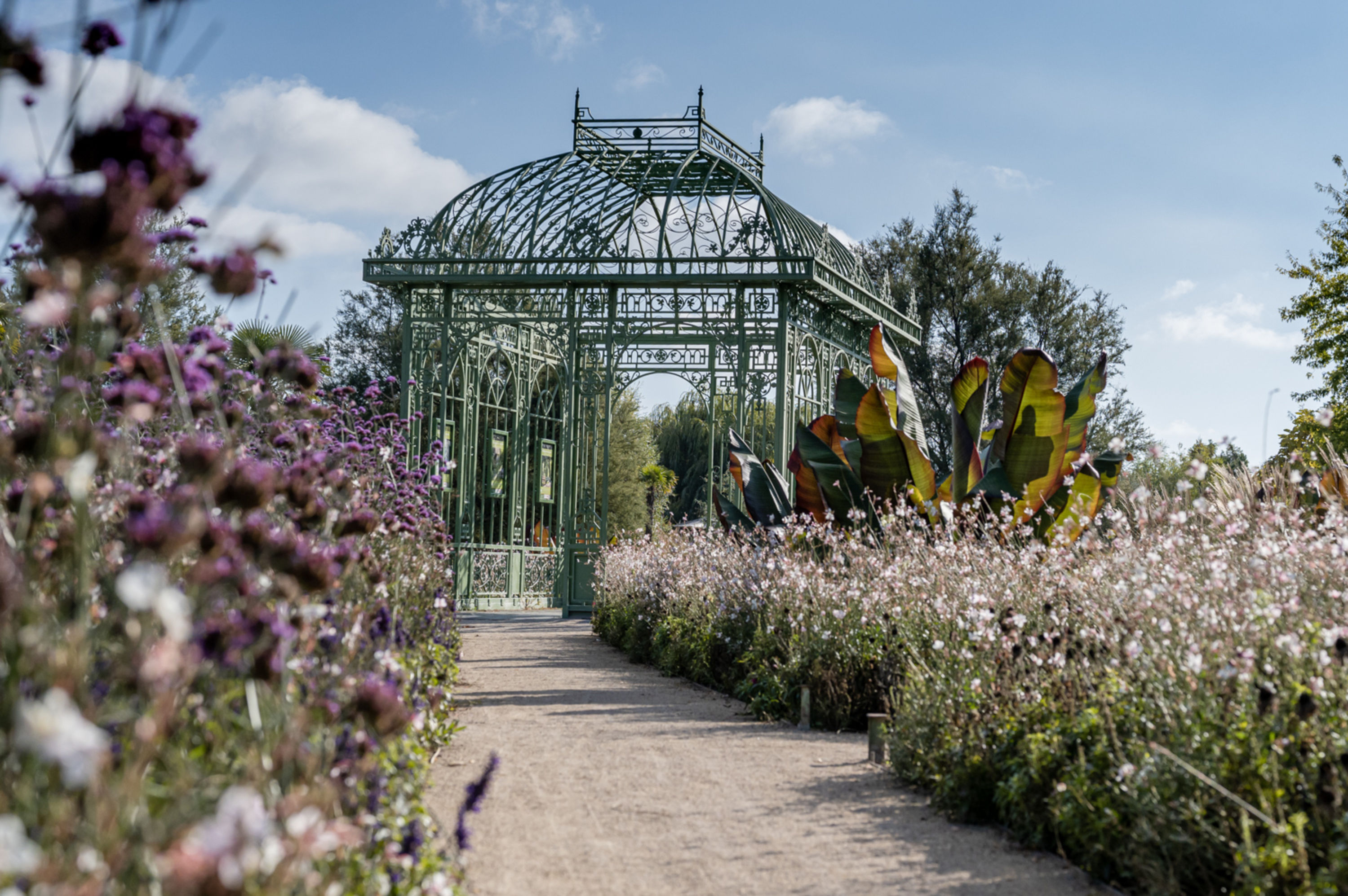 Blumengärten Hirschstetten im Herbst, Staudenbeete mit Pavillon