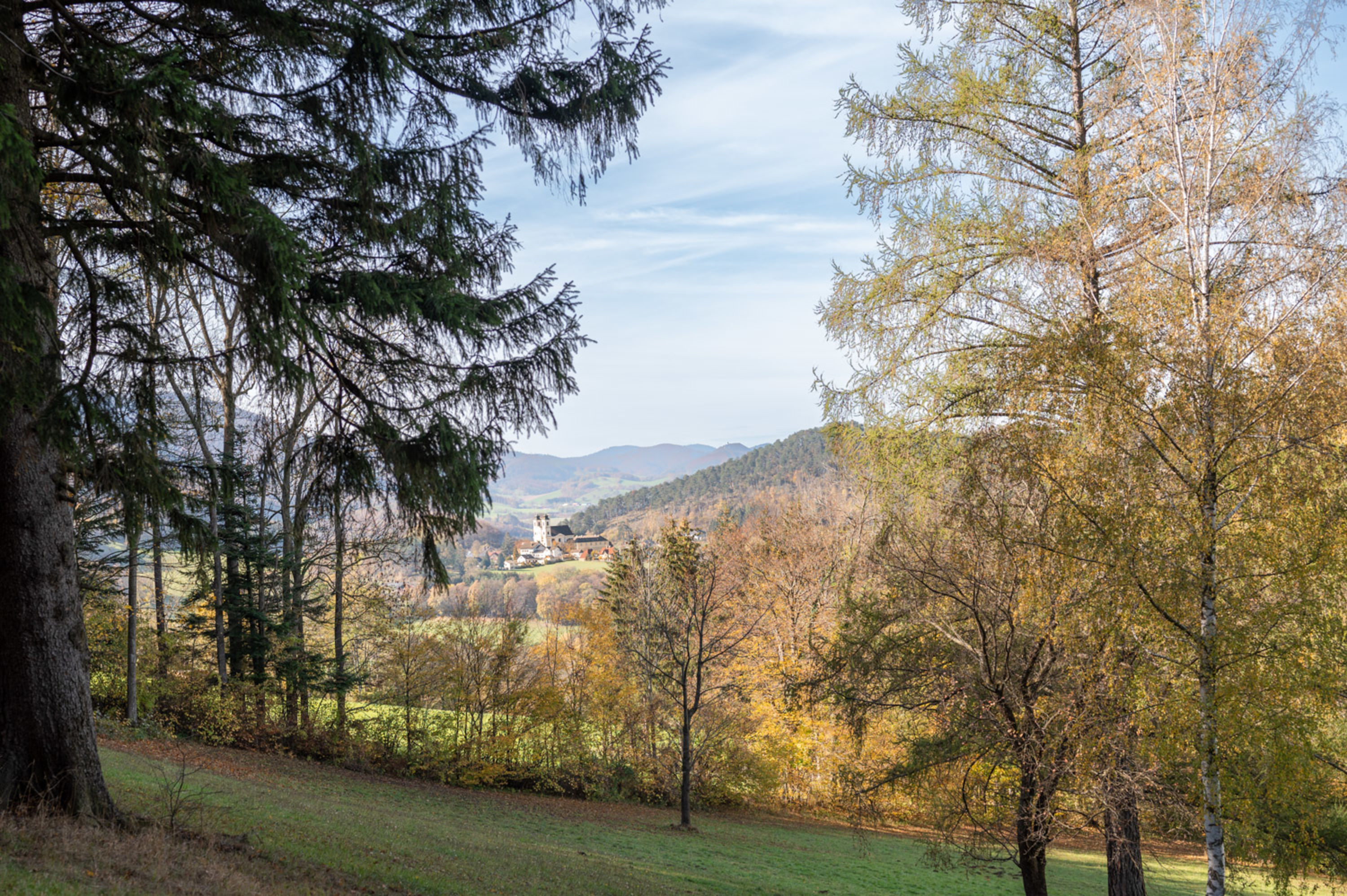 Peilstein Erlebnisweg mit Blick auf die Wallfahrtskirche Hafnerberg