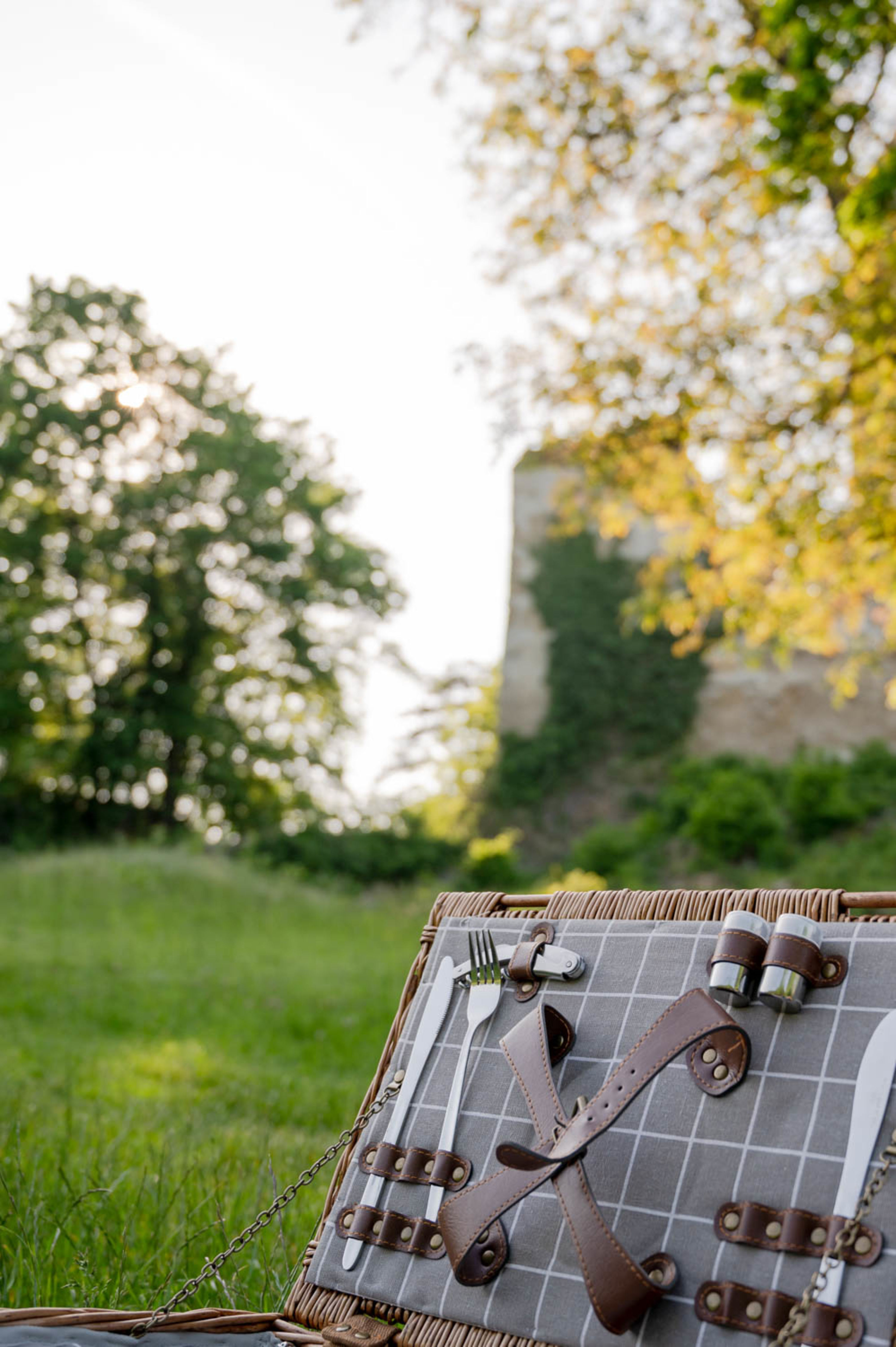 Picknickkorb vor der Burg Seebenstein am Abend