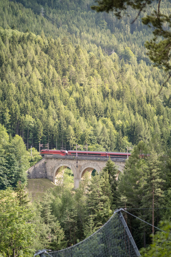 Zug am Viadukt am Bahnwanderweg Semmering