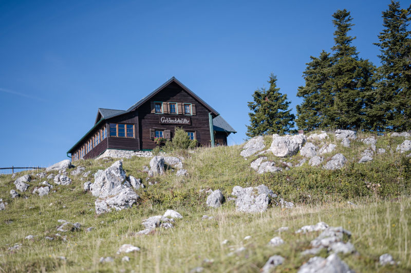 Blick auf die Geländehütte, Wanderung am Gelände bei Grünbach