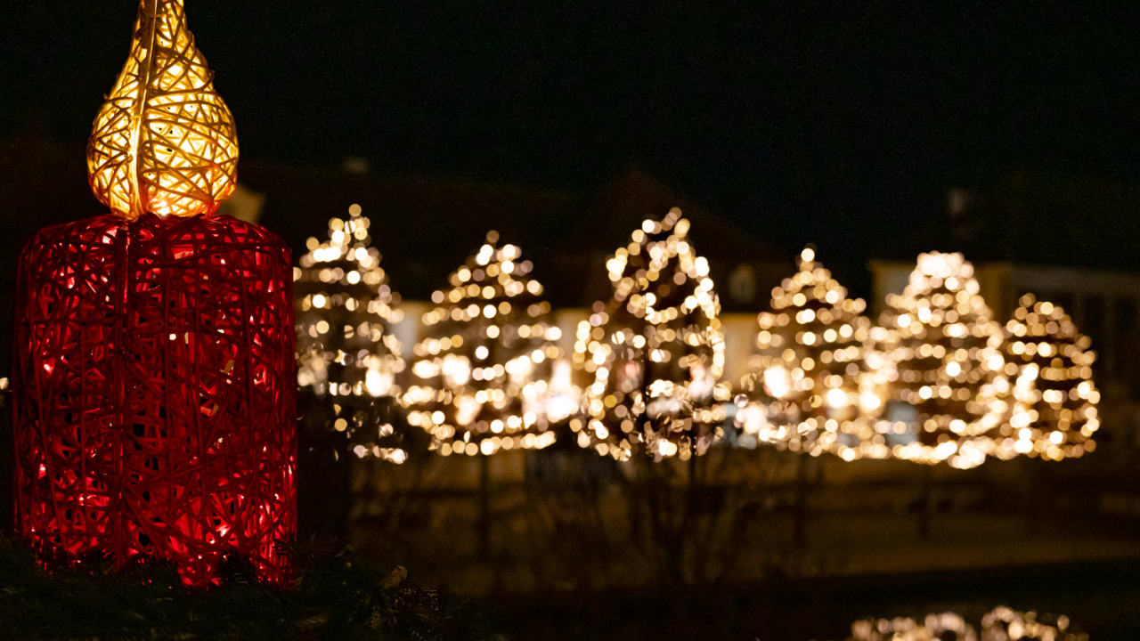 Beleuchtung am Weihnachtsmarkt auf Schloss Hof im Dunkeln