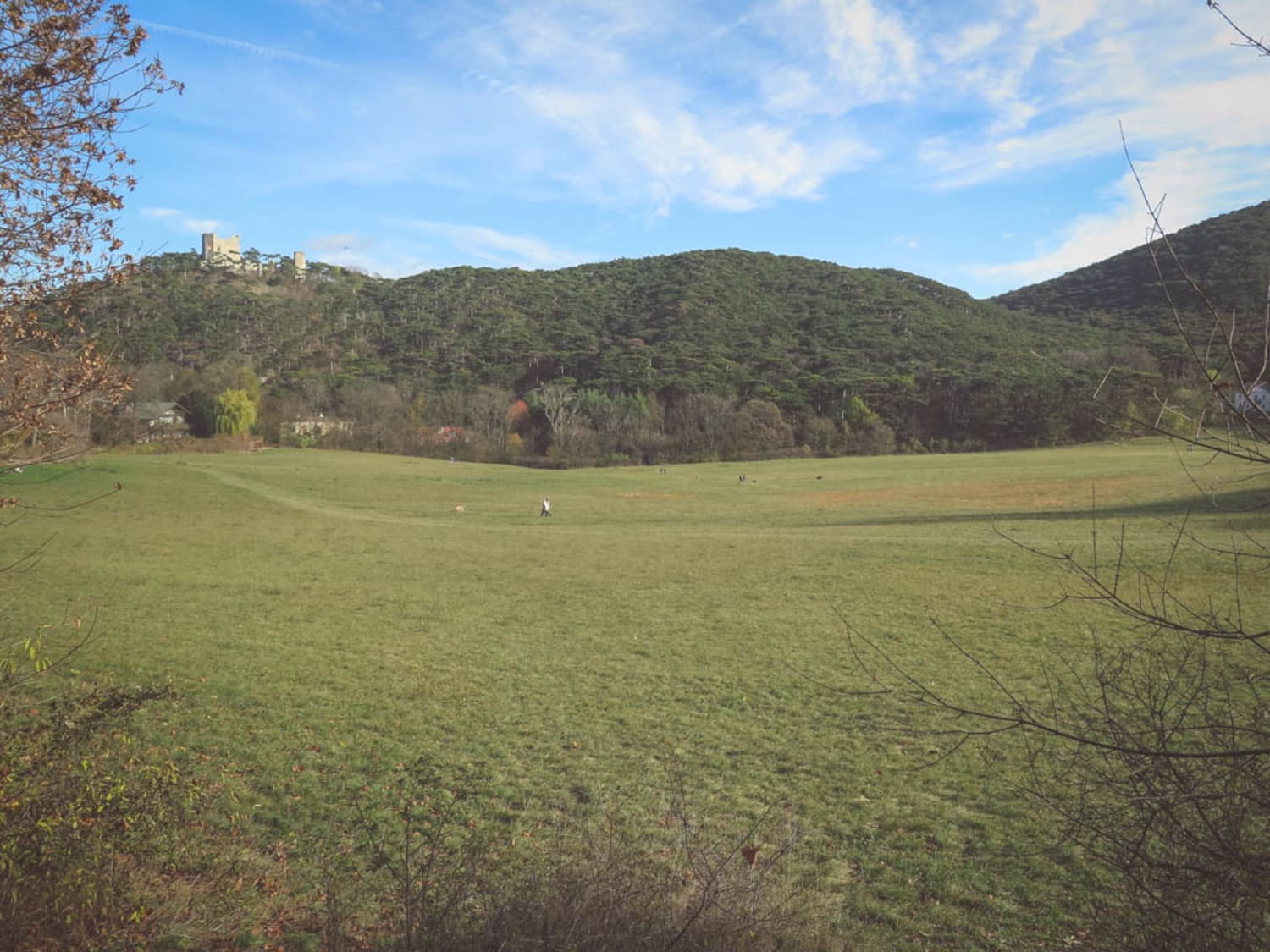 Meiereiwiese mit Blick auf die Burg Mödling, Endpunkt der Wanderung zum Husarentempel