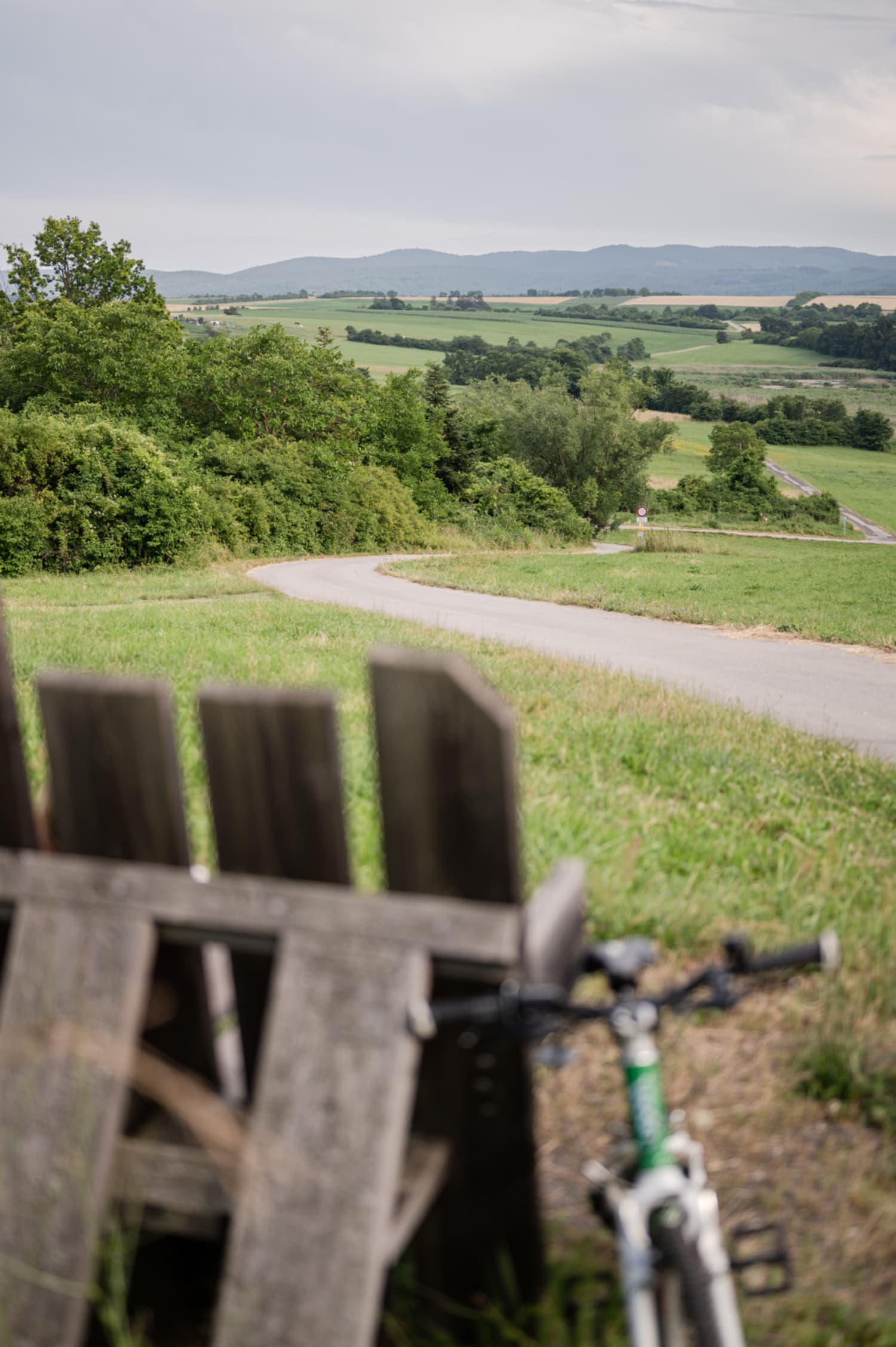 Rad und Pausenbank mit Blick auf die Landschaft im Naturschutzgebiet Teichwiesen, Sommerurlaub im Mittelburgenland-Rosalia