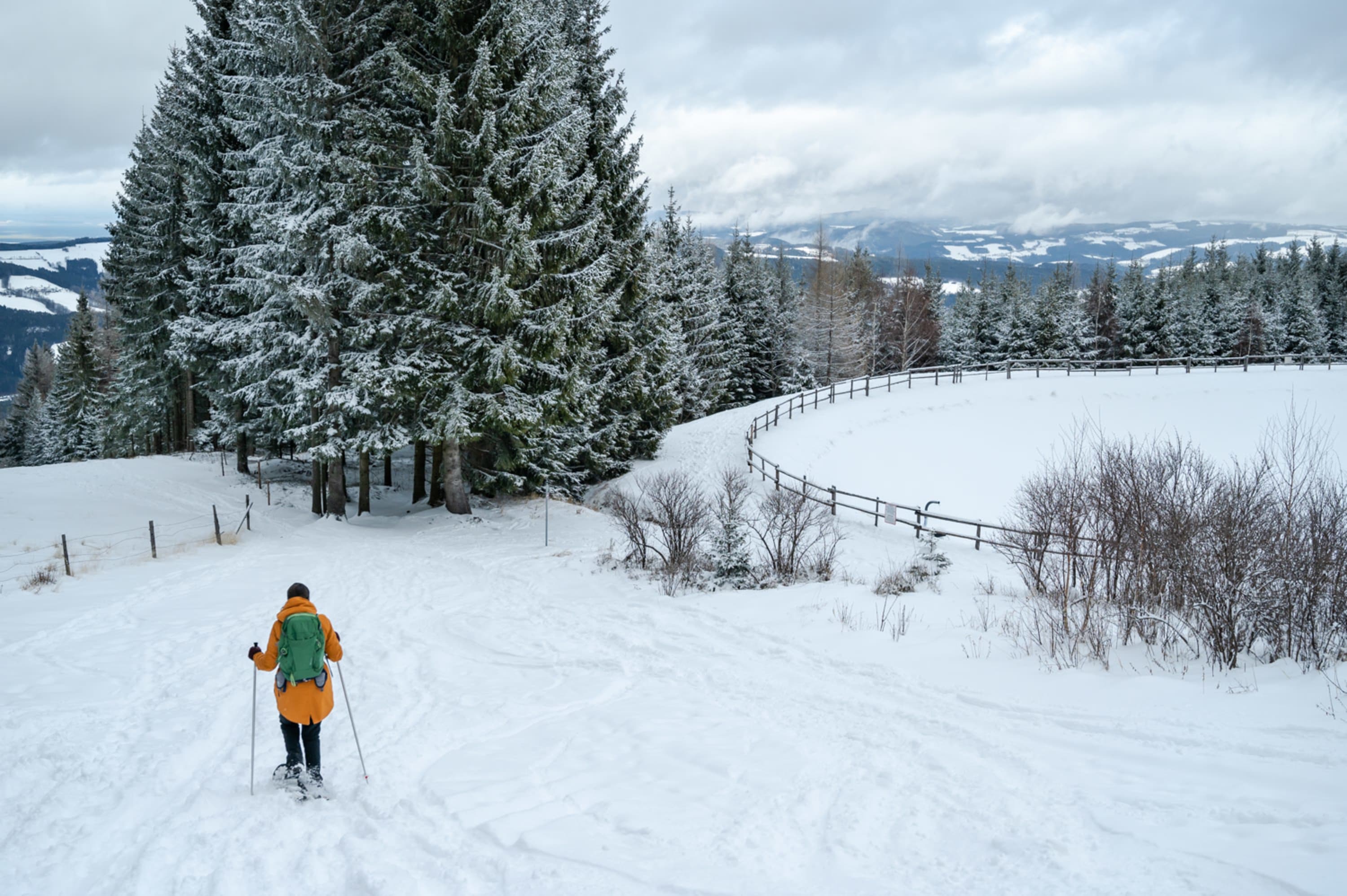 Verschneiter Speicherteich in St. Corona am Wechsel mit Schneeschuhwanderer