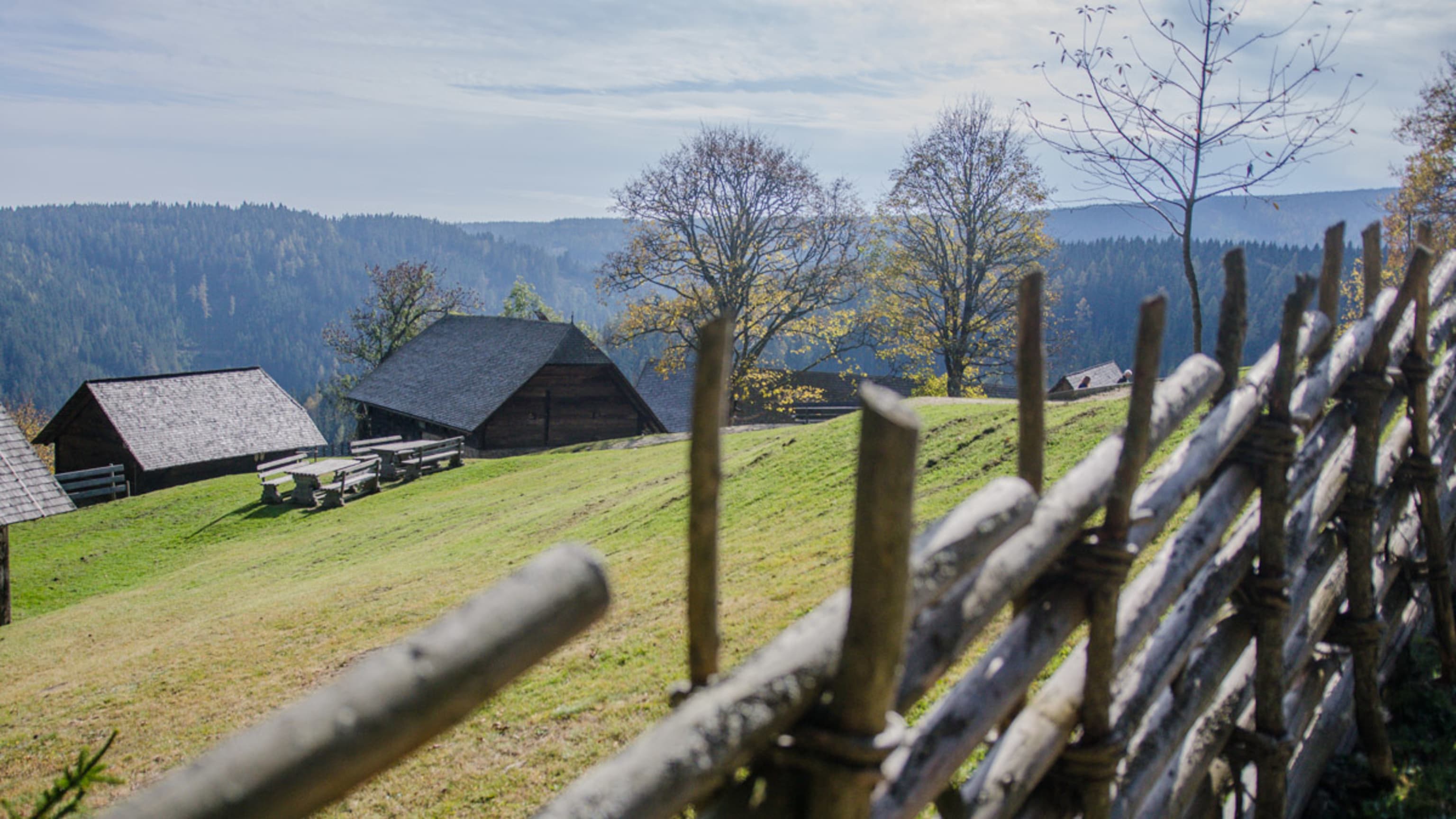 Blick vom Zaun über das Areal von Roseggers Waldheimat