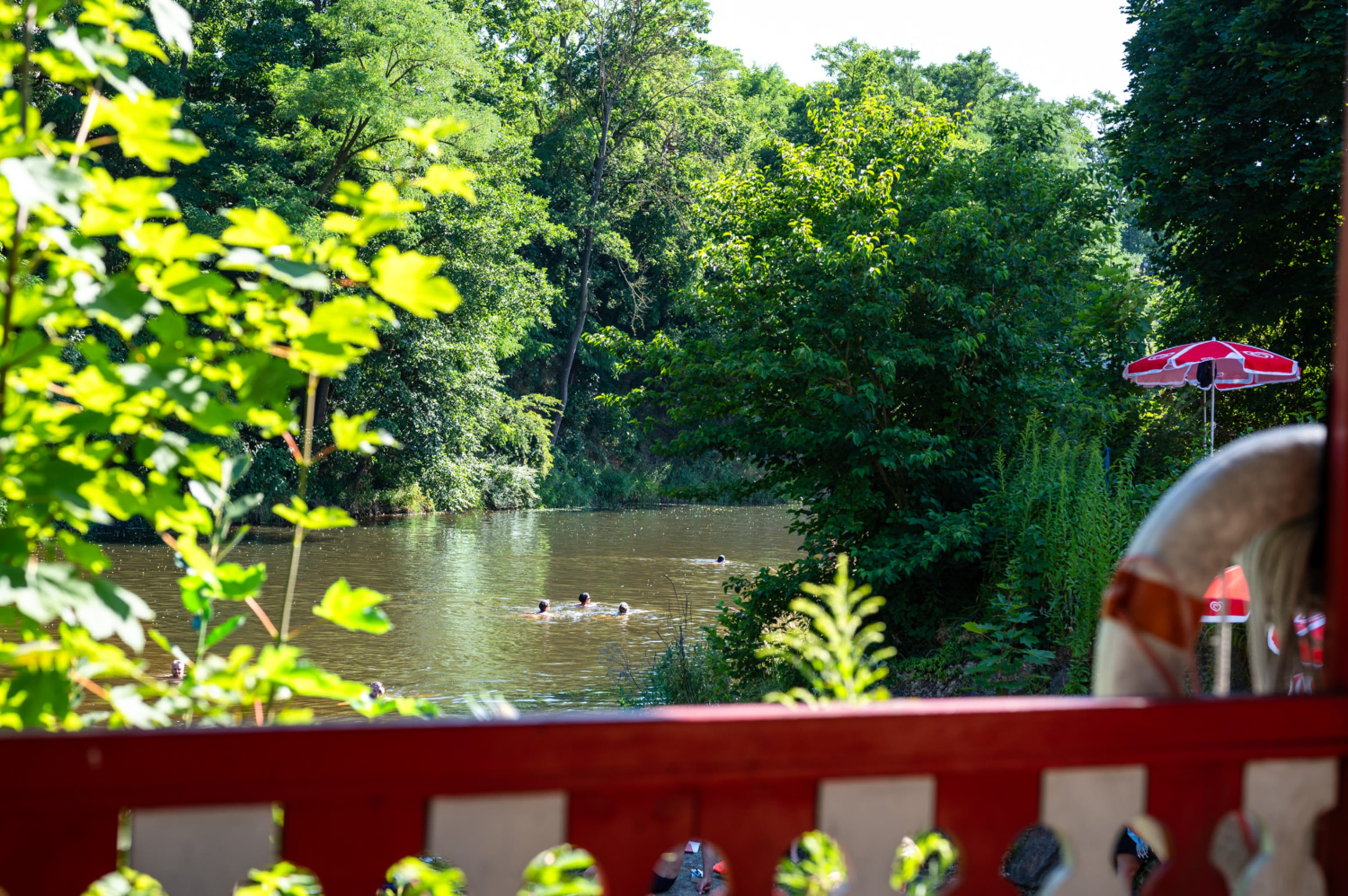 Strandbad Plank am Kamp, Blick auf den Kamp mit Schwimmer:innen