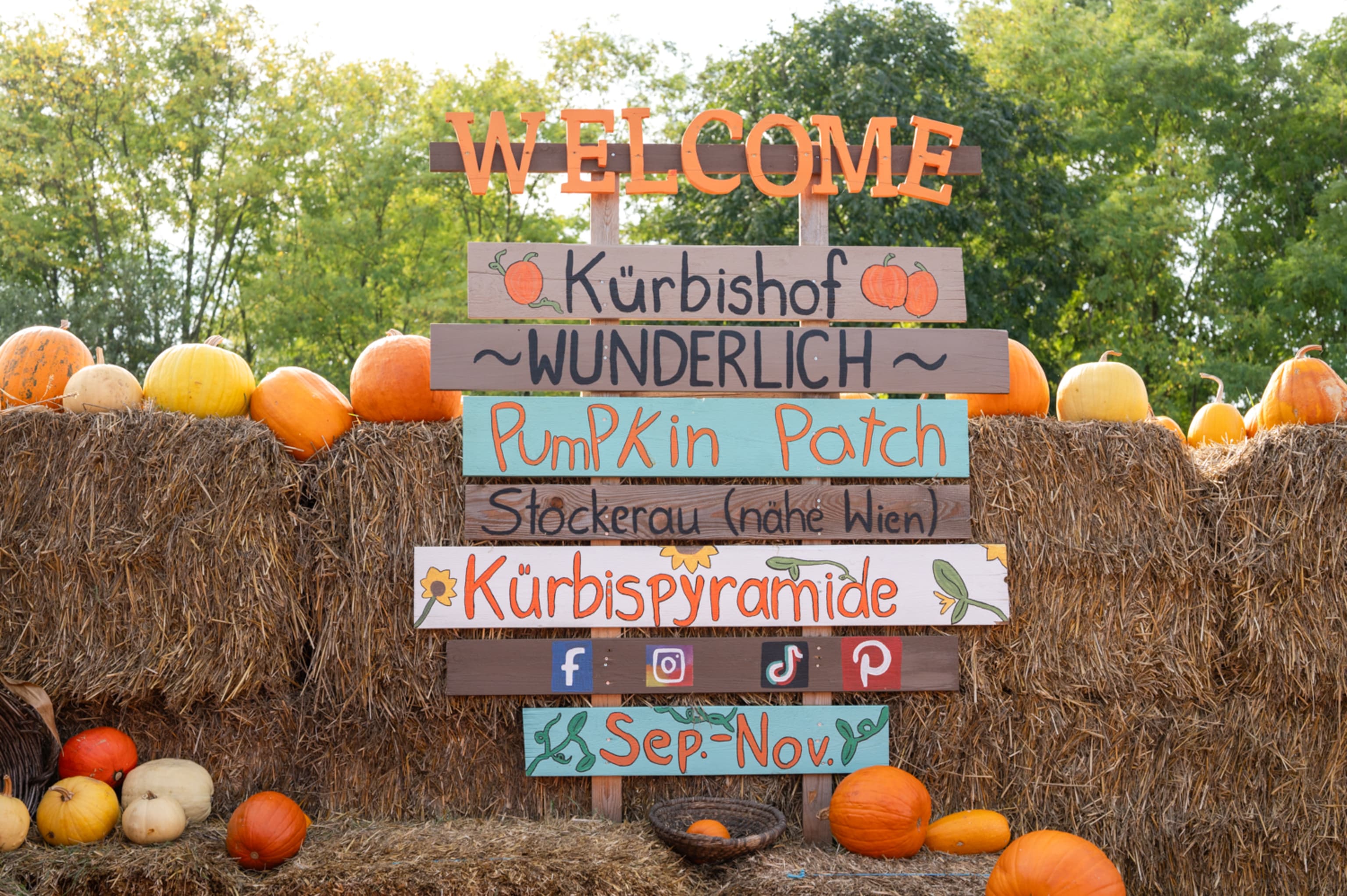 Kürbishof Wunderlich, Stockerau, Kürbisse mit Strohballen und Schilder