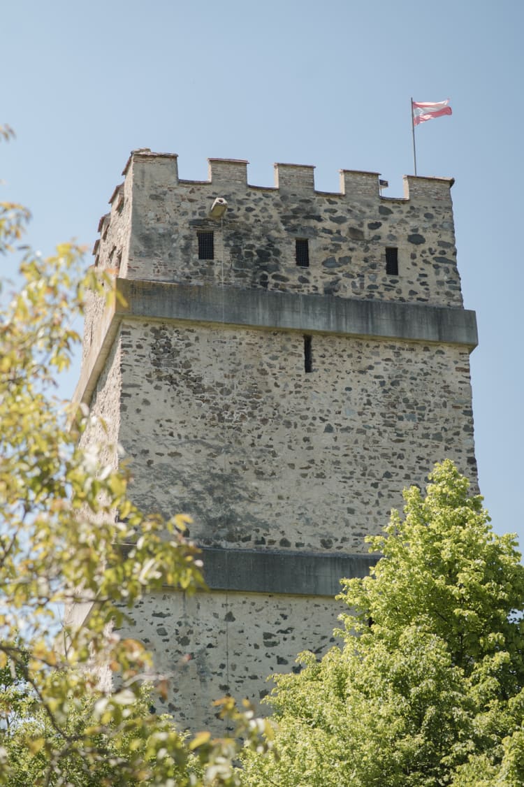 Blick auf den Feuerturm der Ruine Kirchschlag mit Fahne