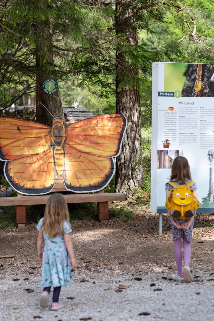 Unterwegs auf der Schatzrunde auf der Hohen Wand, Station mit Schmetterling und Kindern