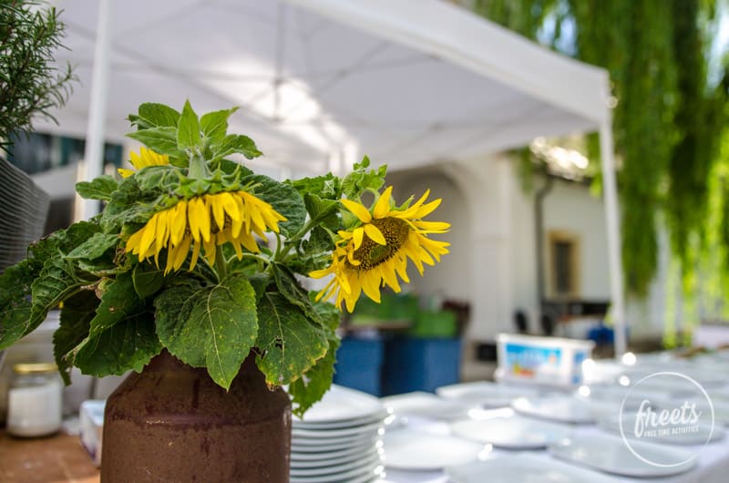 Detail beim Tafeln im Weinviertel, Sonnenblume und Teller im Hintergrund