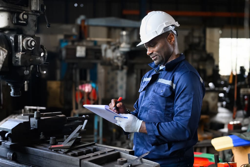 Professional male industrial worker in white hard hat working at manufacturing