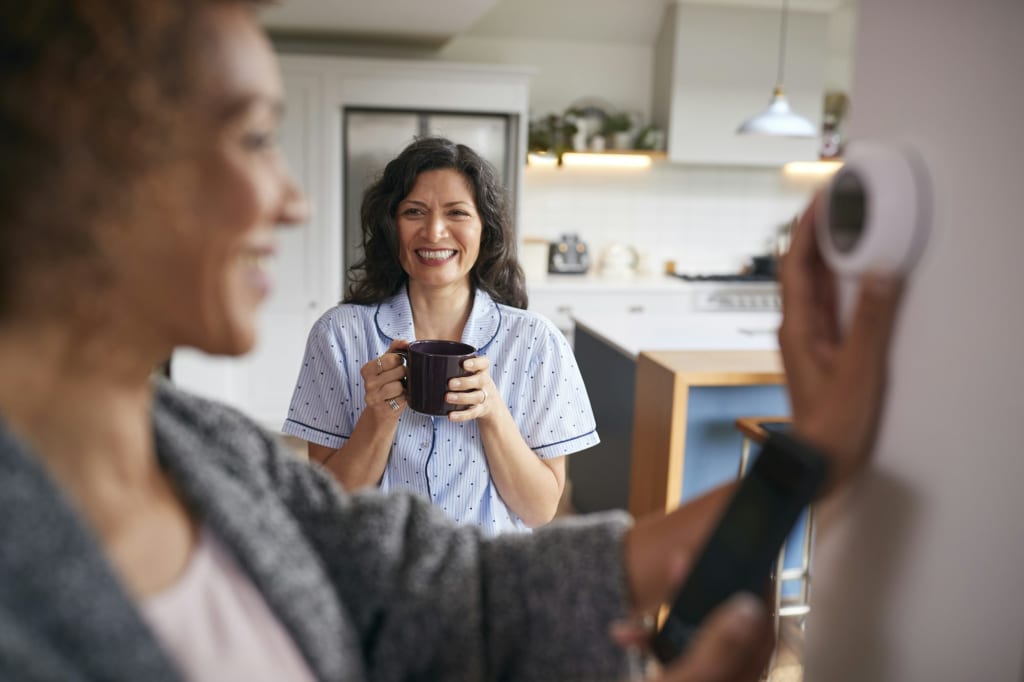 Mature Female Couple Using App On Phone To Control Digital Central Heating