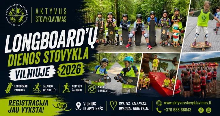 🛹 Aktyvi riedėjimo vasaros DIENOS stovykla vaikams – Longboard (Vilnius)