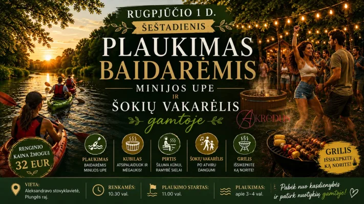 Plaukimas baidarėmis Minijos upe ir Šokių vakarėlis gamtoje | Akredus šokių studija