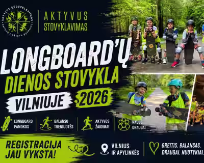 🛹 Aktyvi riedėjimo vasaros DIENOS stovykla vaikams – Longboard (Vilnius)