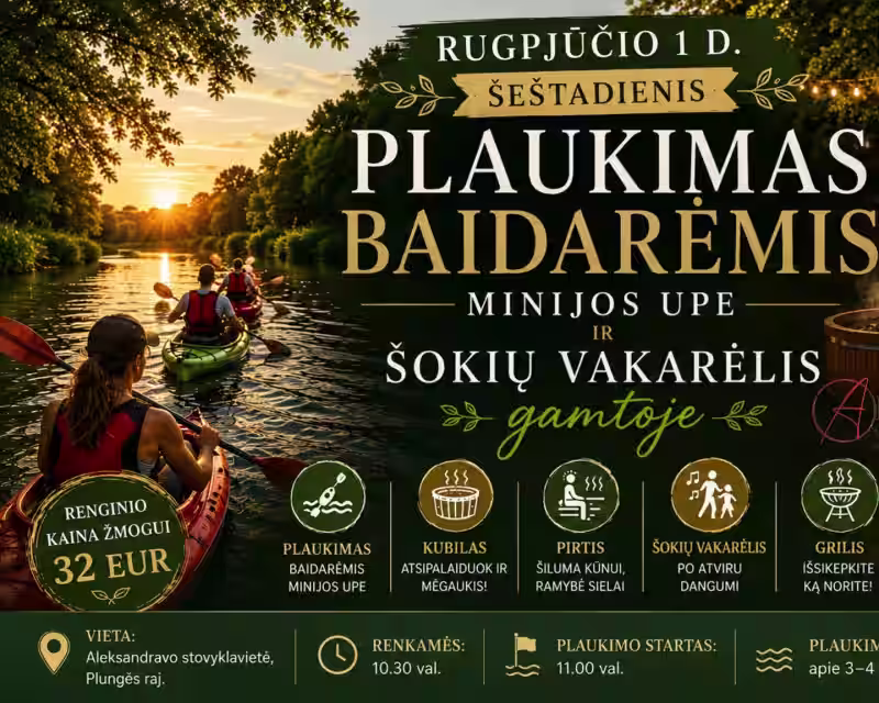 Plaukimas baidarėmis Minijos upe ir Šokių vakarėlis gamtoje | Akredus šokių studija nuotrauka 1
