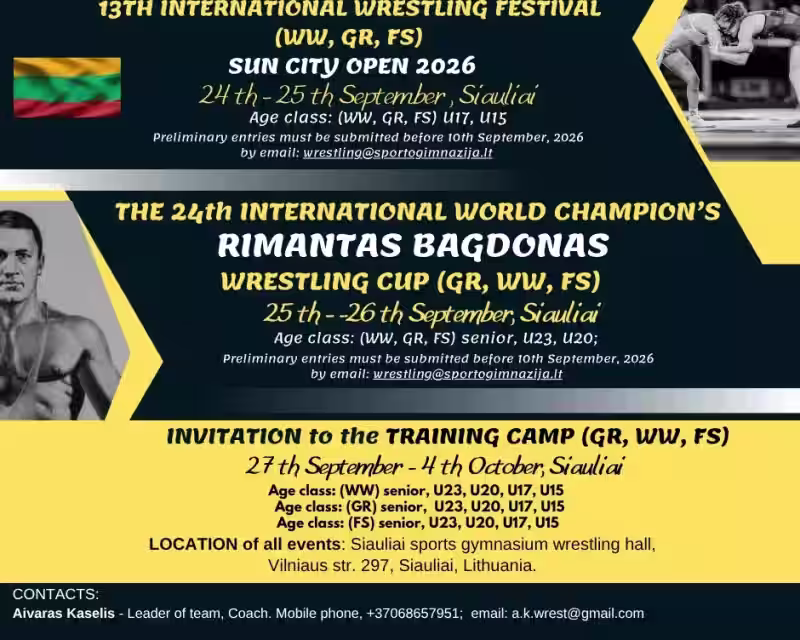 WRESTLING (WW, GR, FS): FESTIVAL SUN CITY OPEN; WORLD CHAMPION RIMANTAS BAGDONAS CUP; TRAINING CAMP  nuotrauka 1