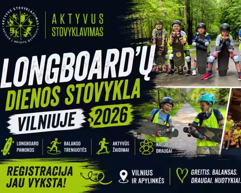 🛹 Aktyvi riedėjimo vasaros DIENOS stovykla vaikams – Longboard (Vilnius) nuotrauka 1
