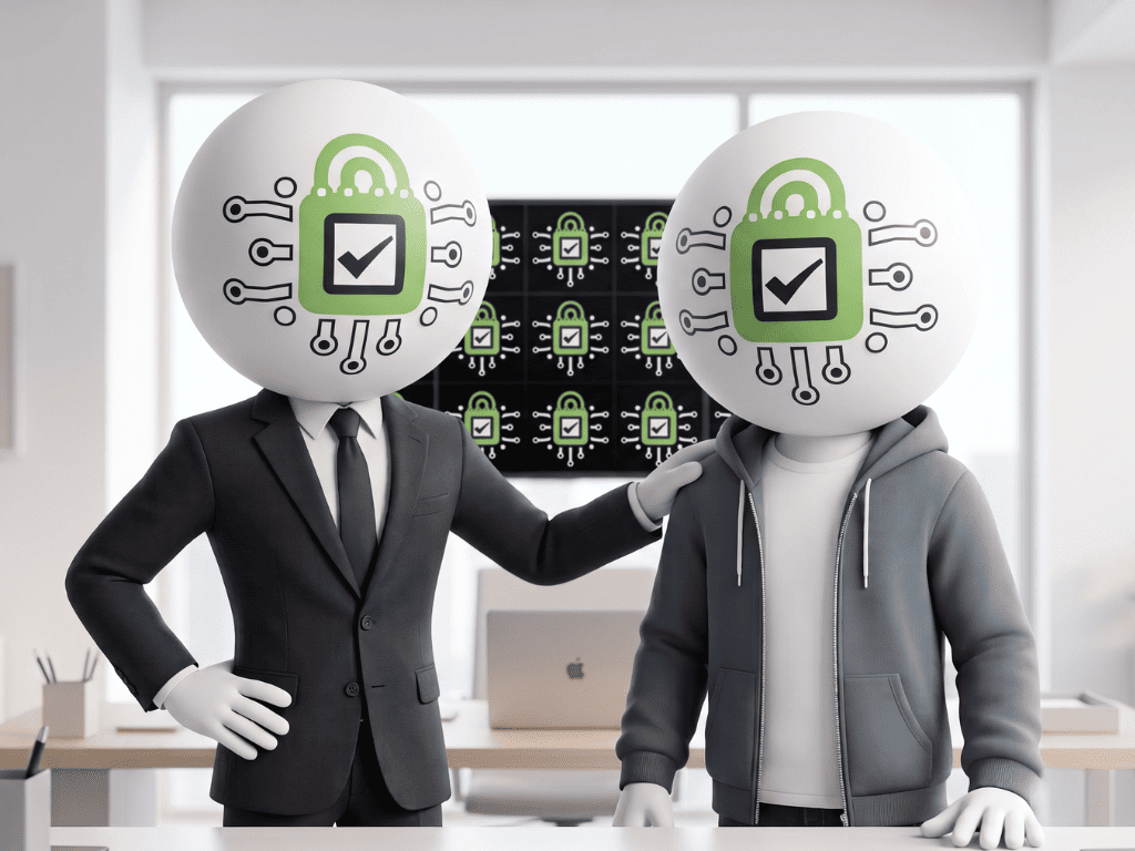 Mascot mentoring a newer member with community grid behind