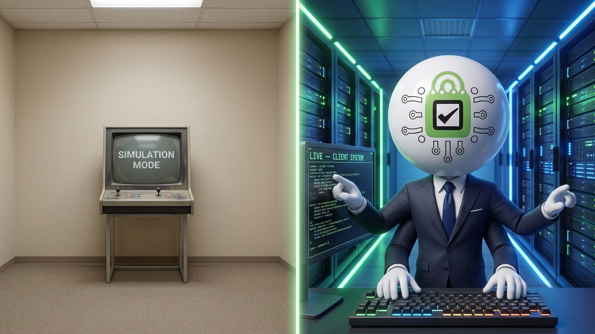 Split comparison: an empty, generic simulated training room on the left versus the TSIP mascot actively working a live client system in a real server room on the right