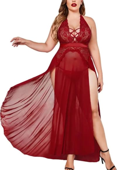 Crimson Vow Sheer Maxi Nightgown - Curve Fit