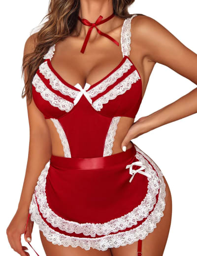 Powder Rose Maid Corset Set with Apron & Stockings