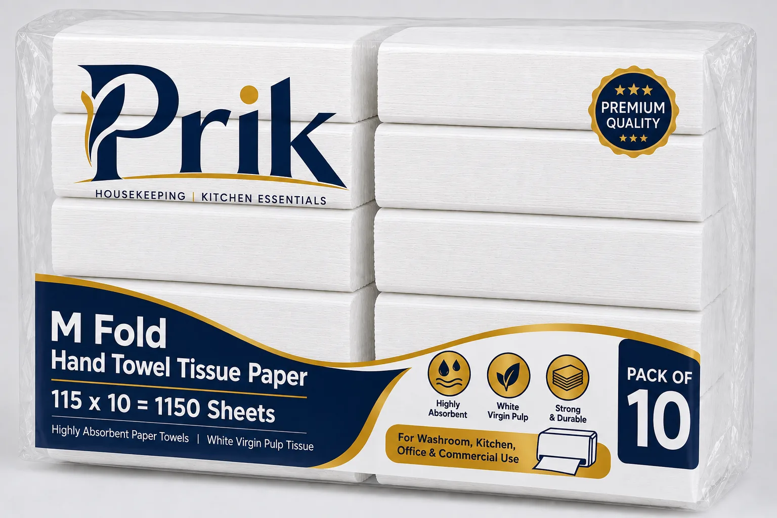 Prik Care Premium M-Fold Hand Towel Tissue Paper – 1 Ply (20 x 20 cm) – Pack of 10 (115 Sheets Each)