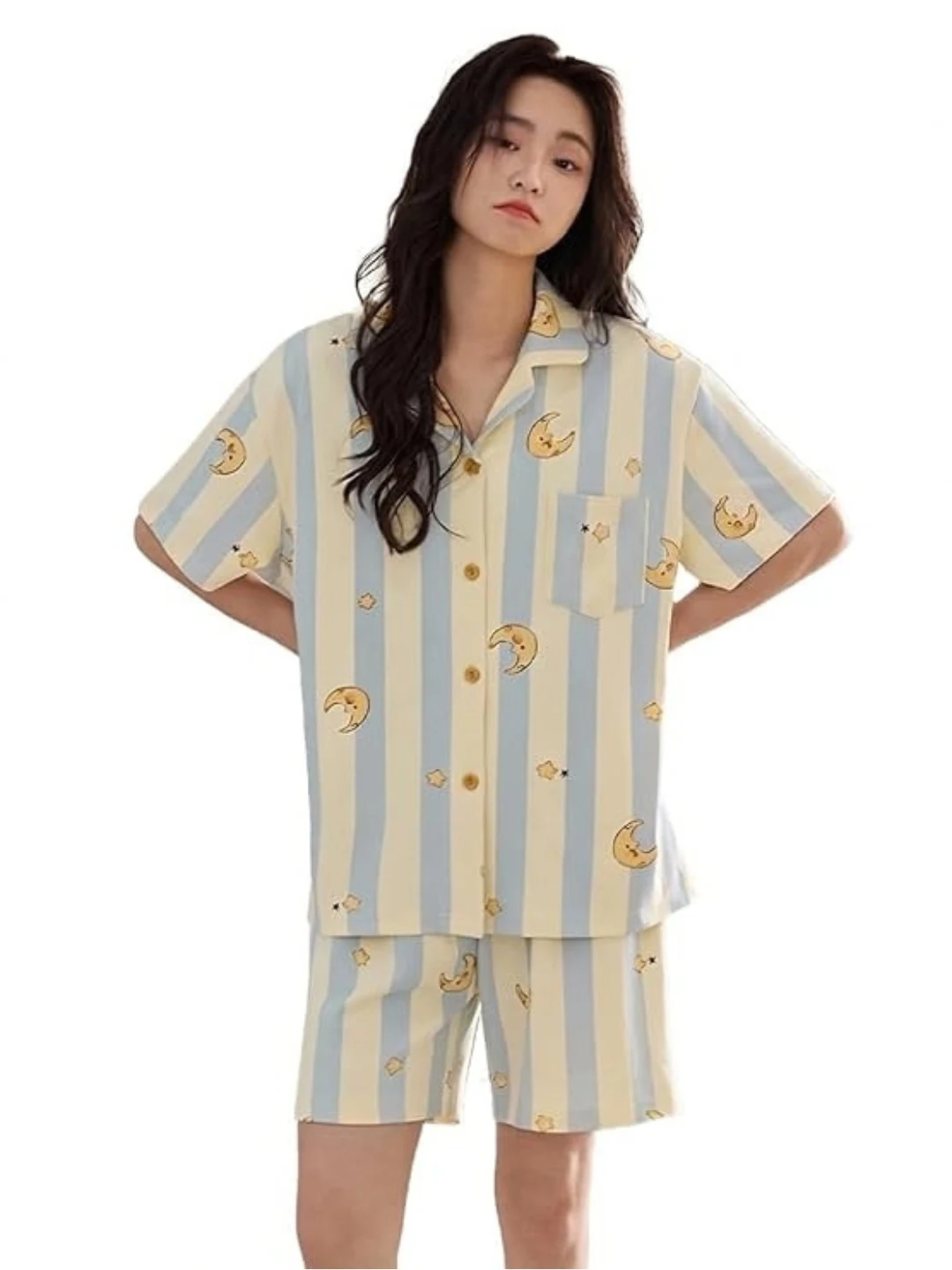 Korean Stripe Collared Shirt & Shorts Night Suit