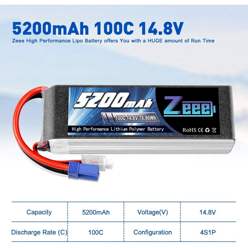 Batterie Lipo 4S Zeee 14,8V 5200mAh 100C avec connecteur EC5 — TET Electronics Tunisie