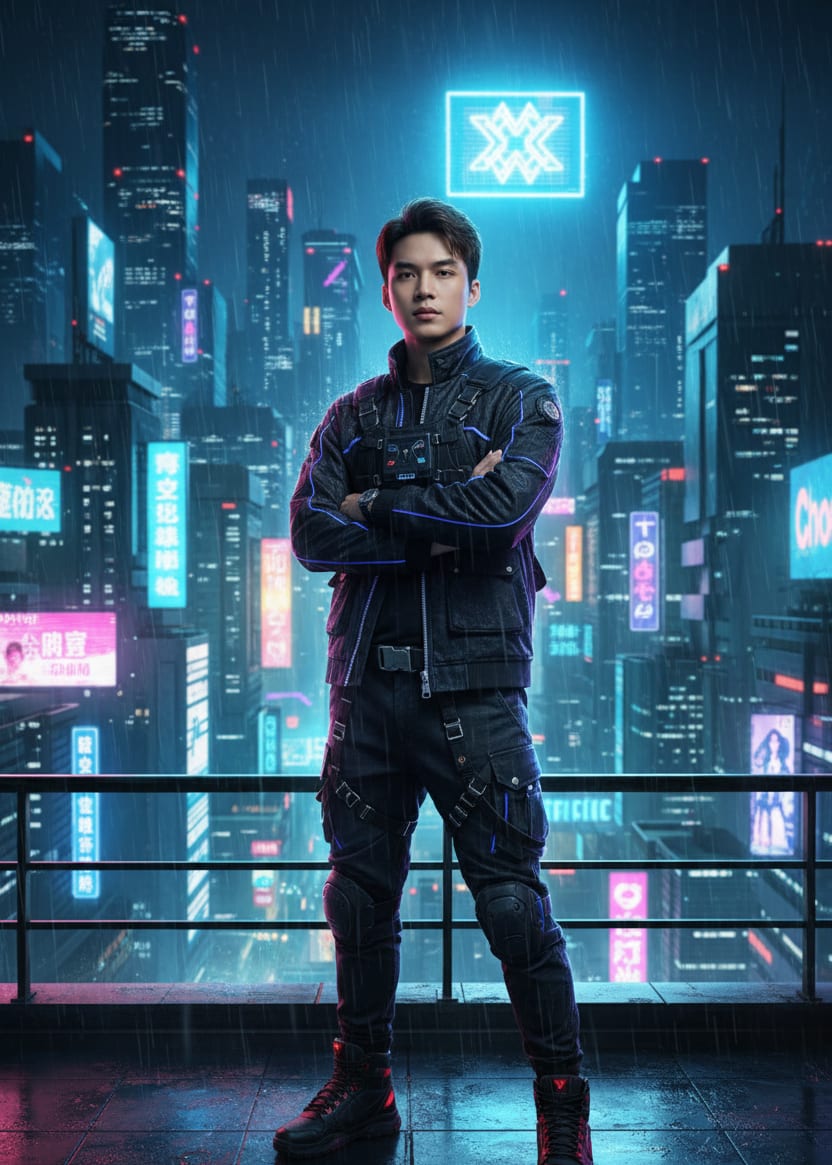 Man in cyberpunk city